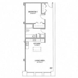 Floor plan for 1 bed, 1 bath, 863 sqft