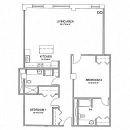 Floor plan for 2 beds, 2 baths, 1408 sqft