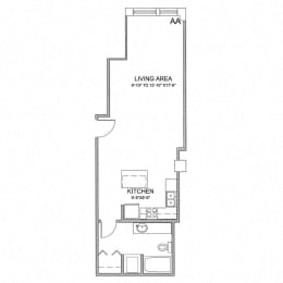 Floor plan for studio, 1 bath, 572 sqft