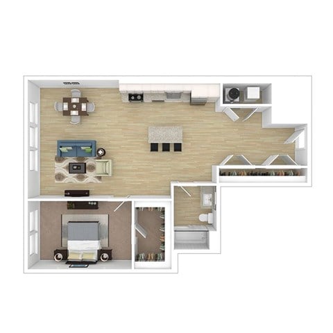 Floor plan for 1 bed, 1 bath, 895 sqft