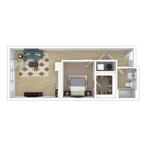Floor plan for 1 bed, 1 bath, 614 sqft
