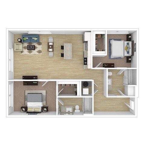 Floor plan for 2 beds, 2 baths, 1050 sqft