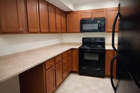 Cincinnati apartment for rent - A kitchen with black appliances and wooden cabinets.