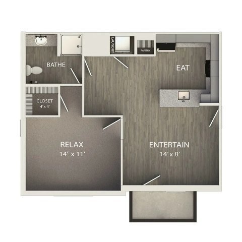Floor plan for 1 bed, 1 bath, 712 sqft