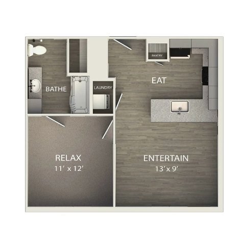 Floor plan for 1 bed, 1 bath, 600 sqft