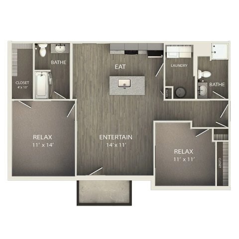 Floor plan for 2 beds, 2 baths, 1032 sqft