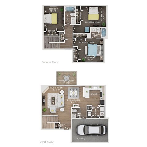 Floor plan for 3 beds, 2.5 baths, 1384 sqft