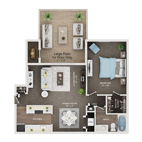 Floor plan for 1 bed, 1 bath, 850 sqft