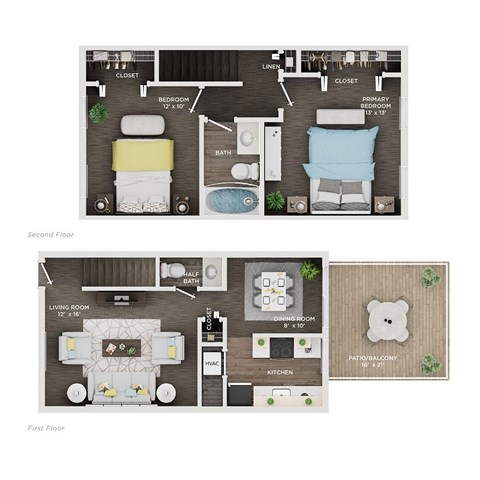 Floor plan for 2 beds, 1.5 baths, 975 sqft