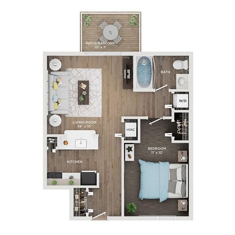 Floor plan for 1 bed, 1 bath, 627 sqft