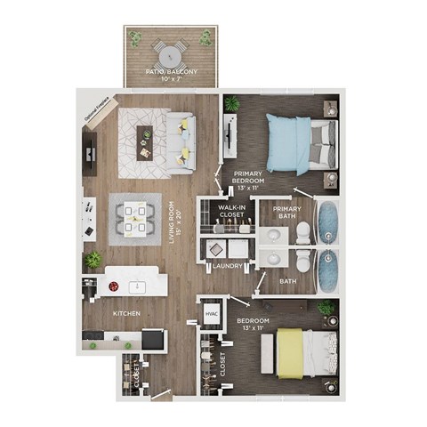 Floor plan for 2 beds, 2 baths, 965 sqft
