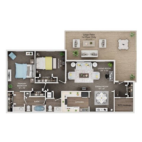Floor plan for 2 beds, 1.5 baths, 1200 sqft