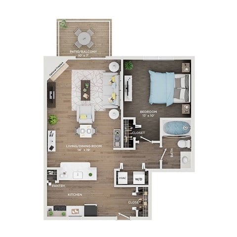 Floor plan for 1 bed, 1 bath, 714 sqft