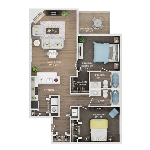 Floor plan for 2 beds, 2 baths, 1014 sqft