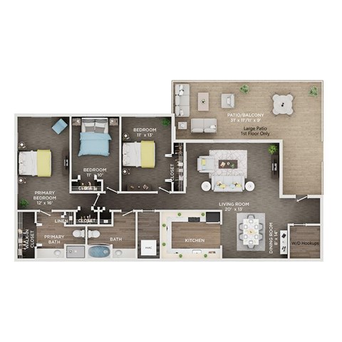 Floor plan for 3 beds, 2 baths, 1500 sqft