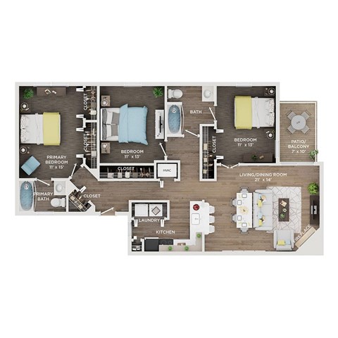 Floor plan for 3 beds, 2 baths, 1241 sqft