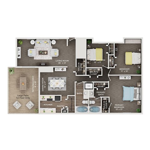 Floor plan for 3 beds, 2 baths, 1875 sqft