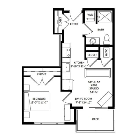 Floor plan for 1 bed, 1 bath, 541 sqft
