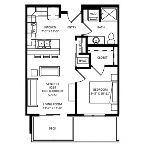 Floor plan for 1 bed, 1 bath, 571 sqft