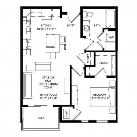 Floor plan for 1 bed, 1 bath, 705 sqft
