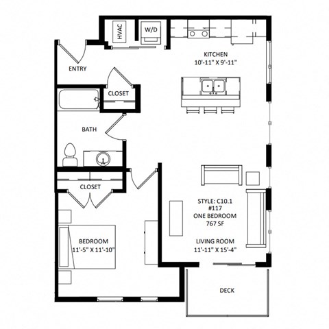 Floor plan for 1 bed, 1 bath, 767 sqft