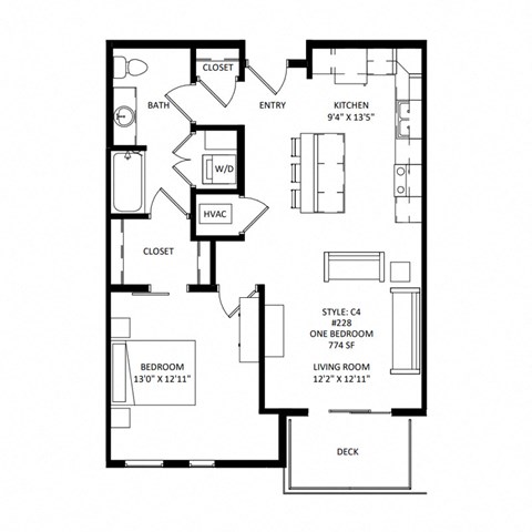 Floor plan for 1 bed, 1 bath, 777 sqft