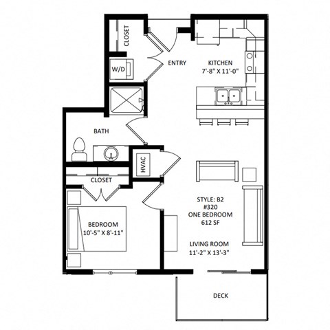 Floor plan for 1 bed, 1 bath, 612 sqft