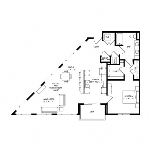 Floor plan for 1 bed, 1 bath, 1088 sqft