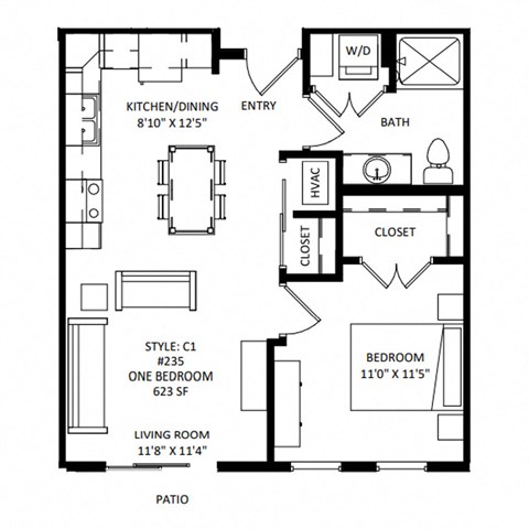 Floor plan for 1 bed, 1 bath, 622 sqft