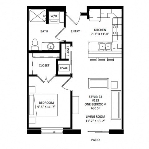 Floor plan for 1 bed, 1 bath, 630 sqft