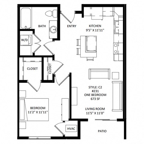 Floor plan for 1 bed, 1 bath, 675 sqft