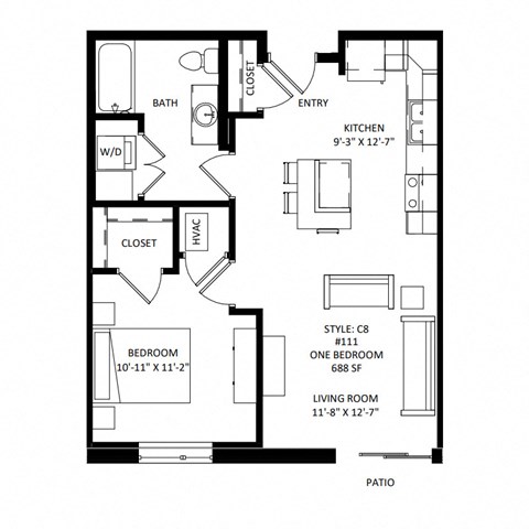 Floor plan for 1 bed, 1 bath, 688 sqft