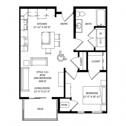 Floor plan for 1 bed, 1 bath, 699 sqft