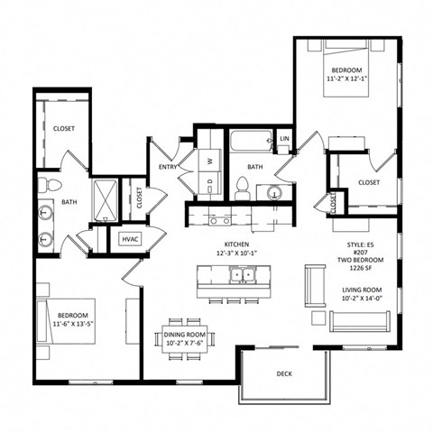 Floor plan for 2 beds, 2 baths, 1226 sqft
