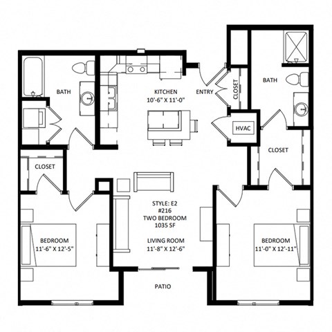 Floor plan for 2 beds, 2 baths, 1037 sqft