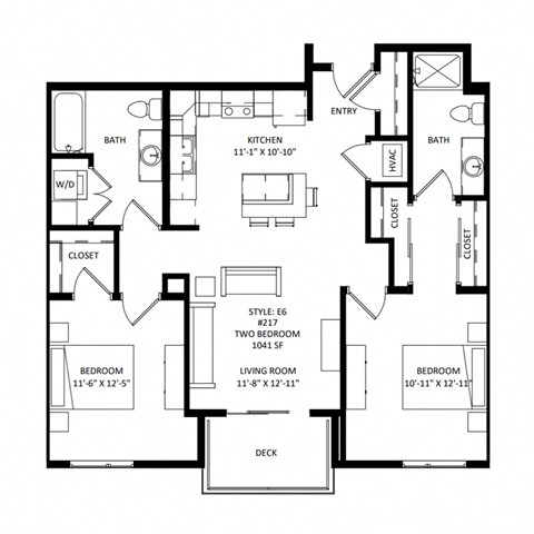 Floor plan for 2 beds, 2 baths, 1041 sqft