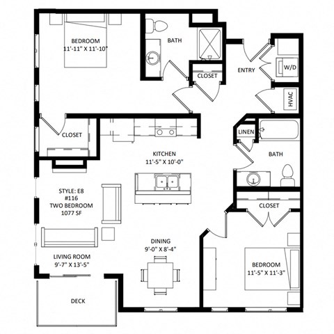 Floor plan for 2 beds, 2 baths, 1077 sqft