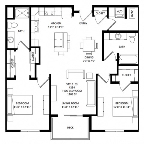 Floor plan for 2 beds, 2 baths, 1109 sqft