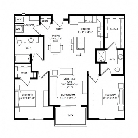 Floor plan for 2 beds, 2 baths, 1109 sqft