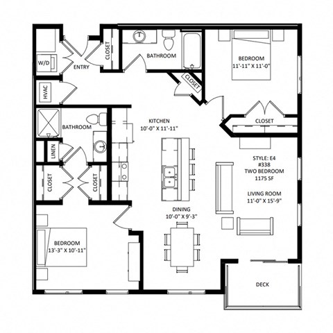 Floor plan for 2 beds, 2 baths, 1175 sqft
