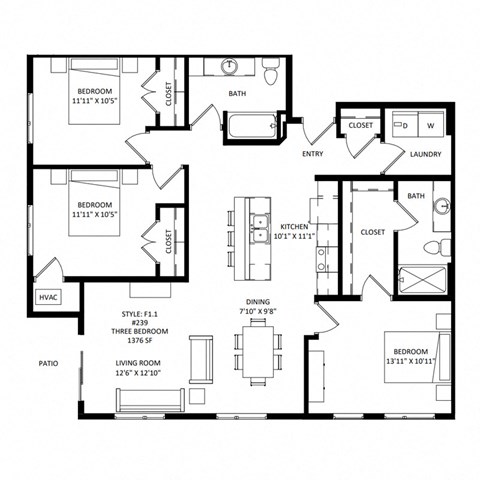 Floor plan for 3 beds, 2 baths, 1376 sqft