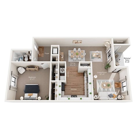 Floor plan for 1 bed, 1 bath, 700 sqft