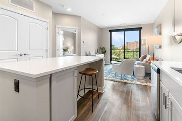 Cleveland apartment for rent - a kitchen with a white counter top and a living room with a couch