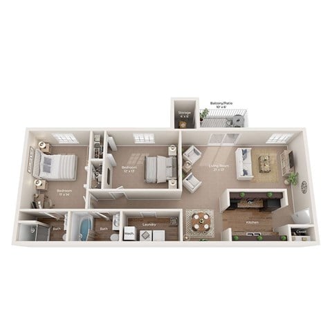 Floor plan for 2 beds, 2 baths, 1027 sqft