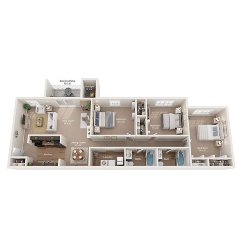 Floor plan for 3 beds, 2 baths, 1147 sqft