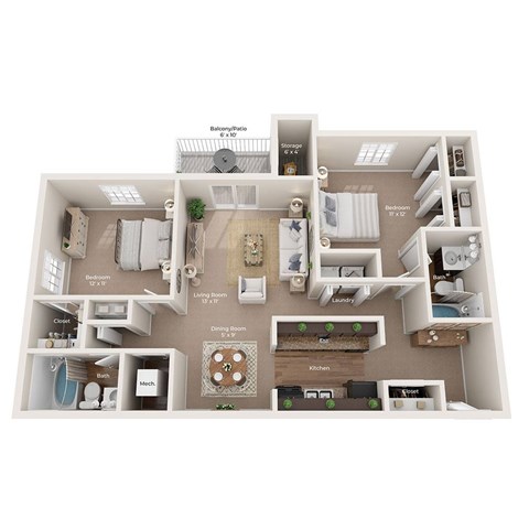Floor plan for 2 beds, 2 baths, 1045 sqft