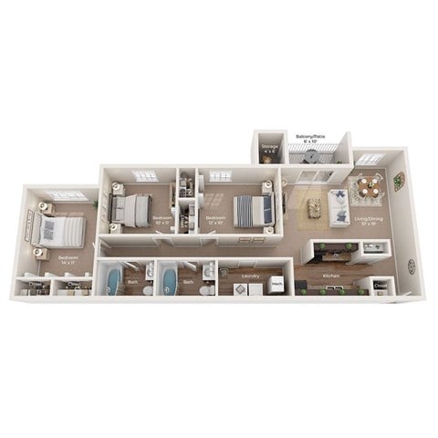 Floor plan for 3 beds, 2 baths, 1137 sqft