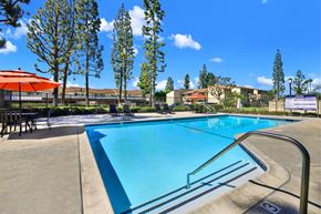 Placentia apartment for rent - Swimming pool with patio seating and umbrellas at ELEVATE Apartments HOMES, Placentia, CA 92870