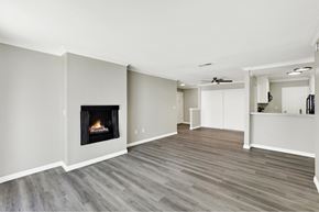 Fullerton apartment for rent - A living room with a fireplace and wood flooring.