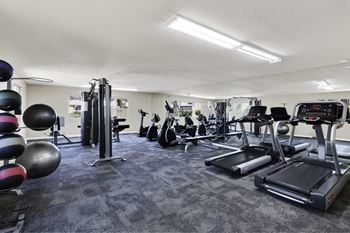 A gym with treadmills, weights, and exercise equipment.